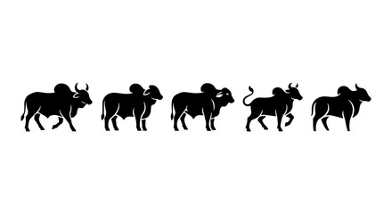 Fototapeta premium Silhouette Herd of Zebu Cattle, Farm Animals Collection, Livestock Vector Icons