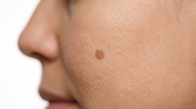 Close up profile view of benign brown melanocytic nevus mole on female cheek skin