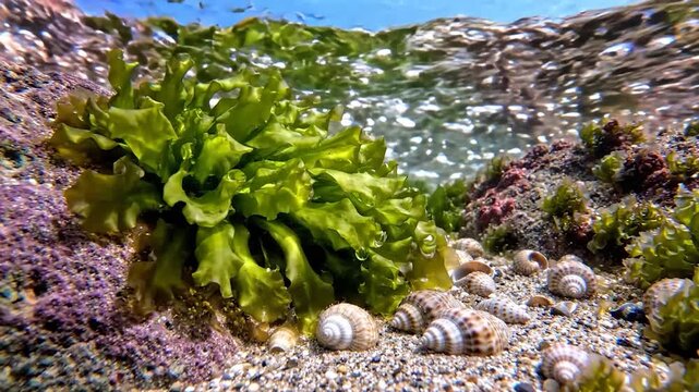 Underwater green sea lettuce and shells on seabed