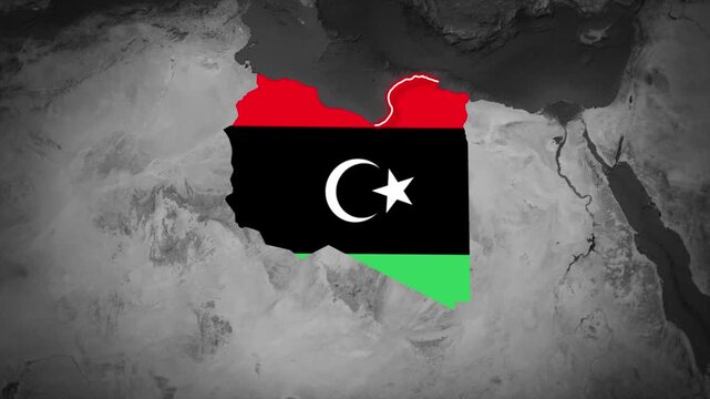 Libya map flag highlight animation, red black green Libyan flag overlay on grayscale terrain background, North Africa country geography 4K
