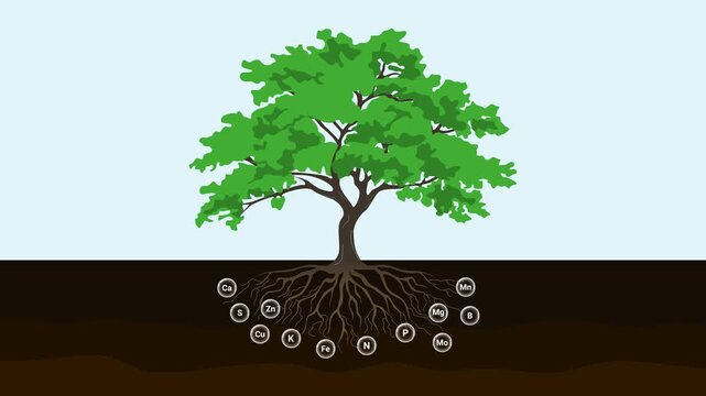 Tree with root system absorbing mineral nutrients from soil for agriculture and plant science educational animation