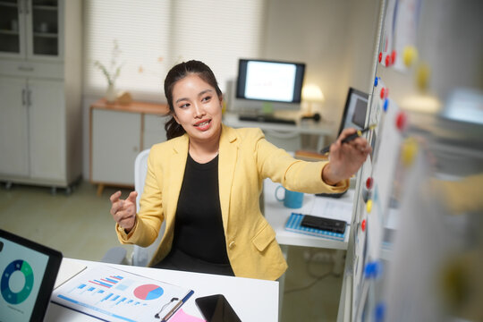 Businesswoman Planning Strategy on Office Whiteboard
