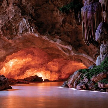 A breathtaking cinematic view of an underground cavern featuring vibrant orange illumination reflecting on a calm water surface amidst rocky formations.