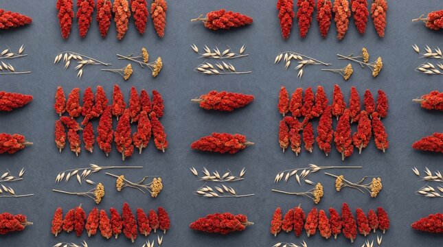 Red amaranth and dried oats arranged in a geometric pattern on dark grey background top view