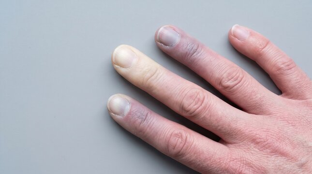 Close up of human hand fingers showing Raynaud phenomenon discoloration from pale white to purple cyanosis