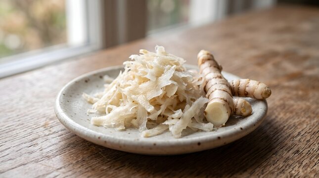 Grated white turmeric and whole root on a rustic plate near a window