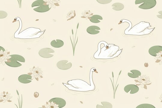 Seamless pattern featuring white swans swimming in a pond with green lily pads and blooming water lilies on a light beige background surface