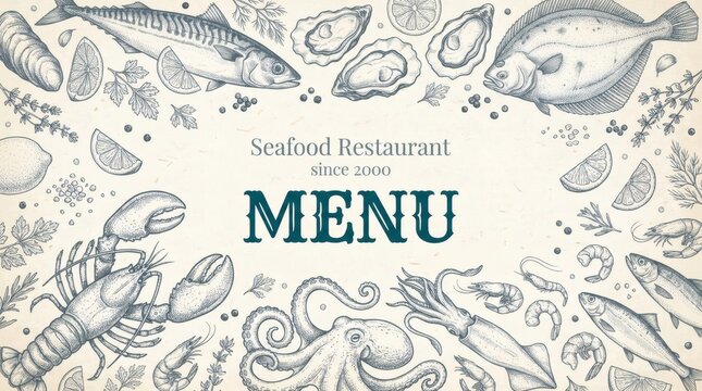 Elegant seafood restaurant menu design with nautical watercolor illustrations.