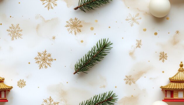 Winter holiday flat lay with gold snowflakes fir sprigs and pagoda ornaments on cream