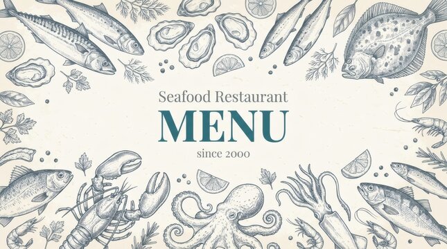 Elegant seafood restaurant menu design with vintage nautical illustrations for upscale dining.