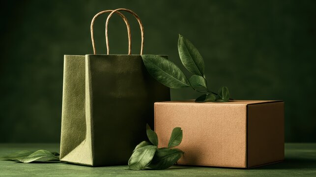 Eco-friendly packaging set featuring a paper bag and cardboard box, ideal for sustainable branding and environmentally conscious product presentation.