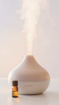 A white ultrasonic essential oil diffuser emitting mist placed next to a small amber glass bottle on a white surface