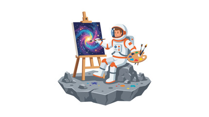Fototapeta premium Creative astronaut painting a colorful galaxy on a canvas sitting on an asteroid isolated flat vector element