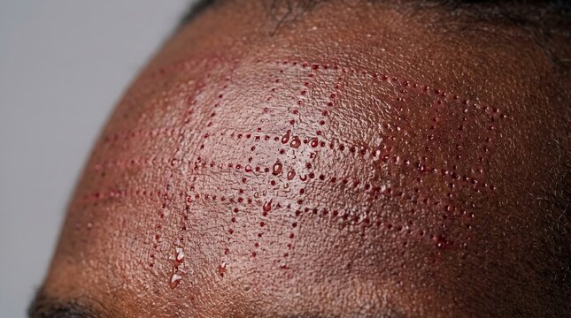 Macro shot of micro-needling grid incisions with blood droplets on forehead skin after hair loss PRF treatment