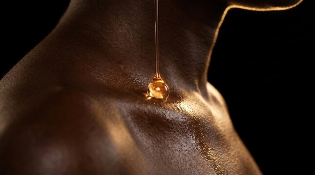 Dramatic close up of essential oil drop falling on dark skin collarbone with golden rim light