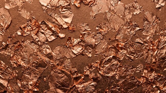 Copper foil flakes scattered on textured brown background top view
