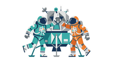 Naklejka premium Two astronauts in colorful space suits high-fiving after successful moon landing mission flat vector element.