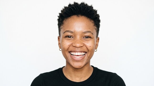 Front-facing portrait of a young South African woman with a short pixie cut haircut