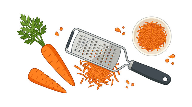 Grater with Fresh Carrots and Shredded Pieces on a White Background