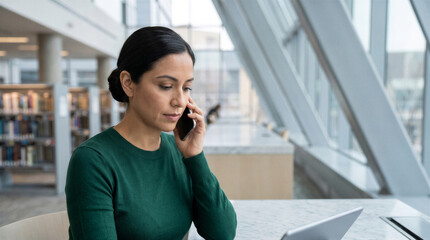 Fototapeta premium Professional woman in a green sweater talking on her smartphone while working on a laptop in a modern, bright library setting
