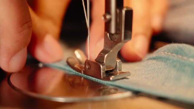 Footage of a close-up sewing machine needle and presser foot guiding blue denim fabric as hands carefully stitch a seam, showcasing vintage craftsmanship and traditional tailoring.