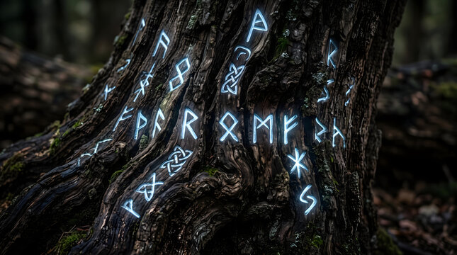 Dark bark with glowing blue magical runes fantasy texture