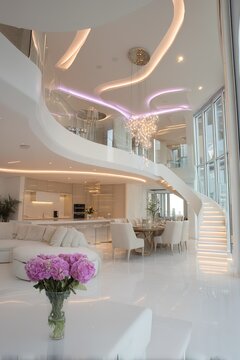 Modern luxury villa interior with spiral staircase and white decor