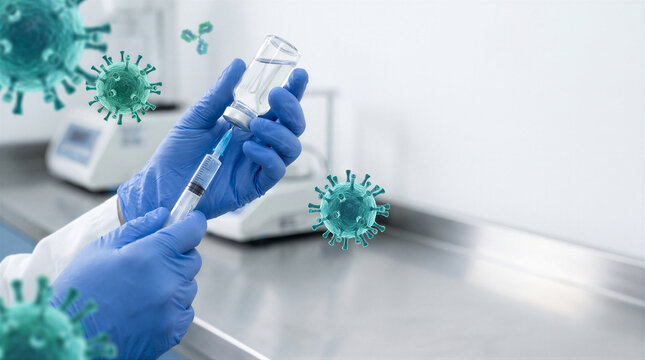 Scientist in blue gloves preparing a vaccine injection from a glass vial in a laboratory setting with floating virus particles