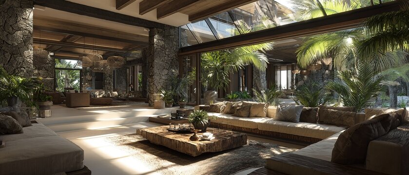 Luxurious tropical villa living room with stone walls and palms