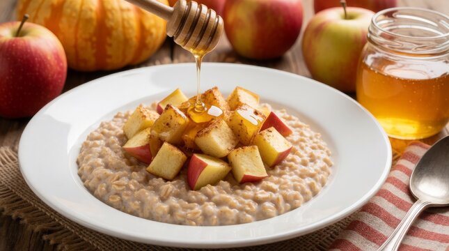 Warm oatmeal topped with baked apple cubes drizzled with honey on rustic tablecloth