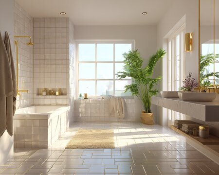 Modern luxury bathroom interior with white tiles and gold fixtures