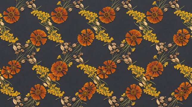 Seamless floral pattern dried orange flowers and yellow plants on dark background