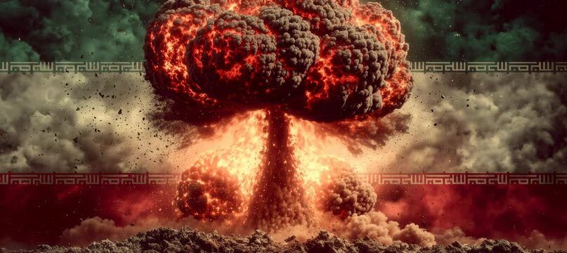 Nuclear bomb explosion with Iran flag background. Military atomic weapon. Generative AI technology.	
