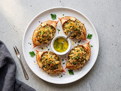 Baked stuffed crab shells served with fresh herbs on white round plate.