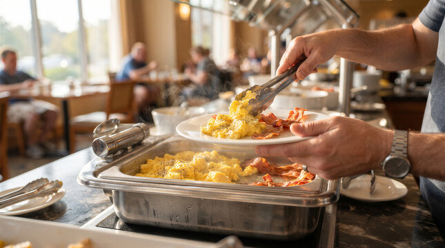 Person serving scrambled eggs and bacon from a buffet chafing dish at a hotel breakfast restaurant