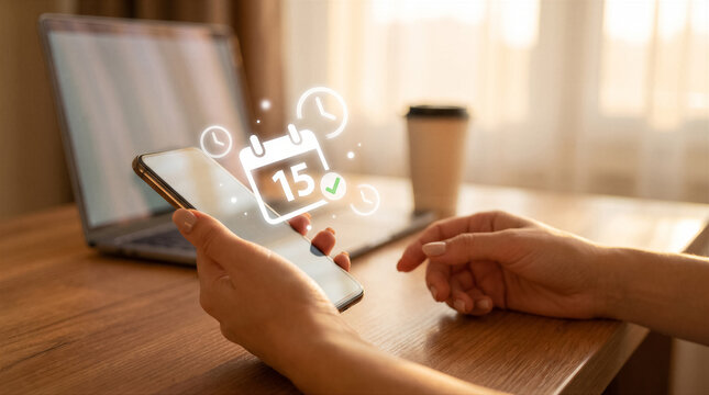 Closeup of a person holding a smartphone with a digital calendar icon showing the 15th day, symbolizing scheduling and time management