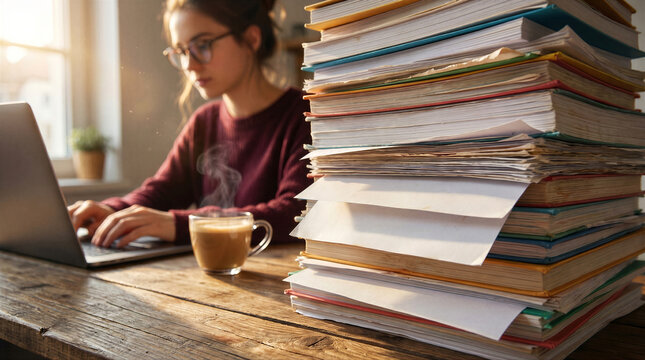 Young woman studying with a laptop and a large stack of books on a wooden table at home