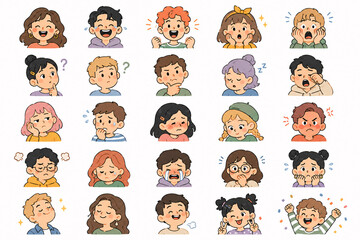 Fototapeta premium 25 Modern Color Editorial Doodle Facial Expressions and Human Emotions Collection .Generative AI