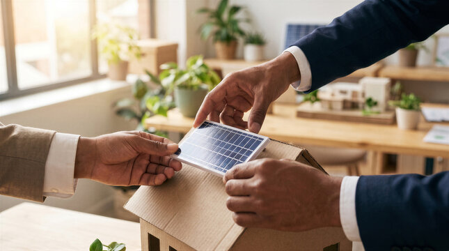Closeup of business people placing a small solar panel on a cardboard house model, representing sustainable energy and green building solutions