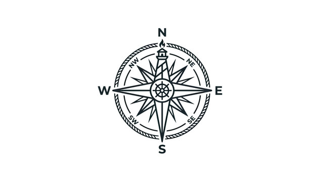 Minimalist Nautical Compass With Lighthouse Icon