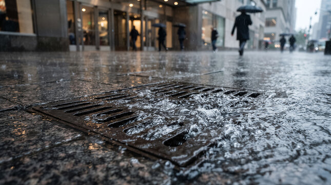 Rainy day in the city with people walking on the sidewalk and water flowing into a storm drain grate on a wet street