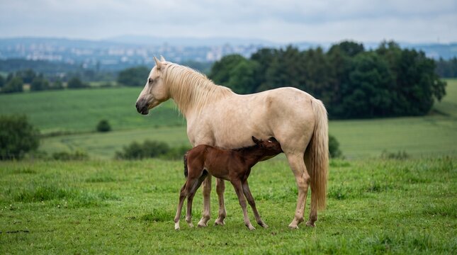 Palomino mare nurses her dark bay foal in a lush green pasture