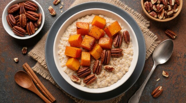 Warm spiced oatmeal with roasted pumpkin and maple pecans rustic breakfast bowl