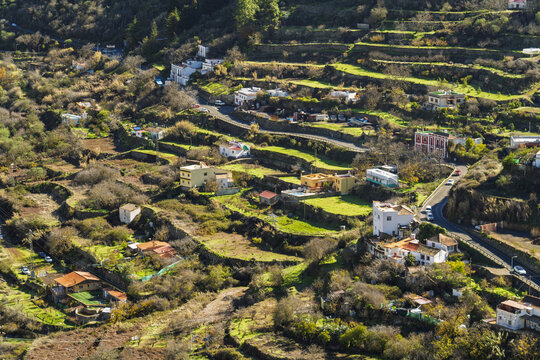 View of the terraced hillsides and traditional houses of Vega de San Mateo, Canary Islands, Spain.