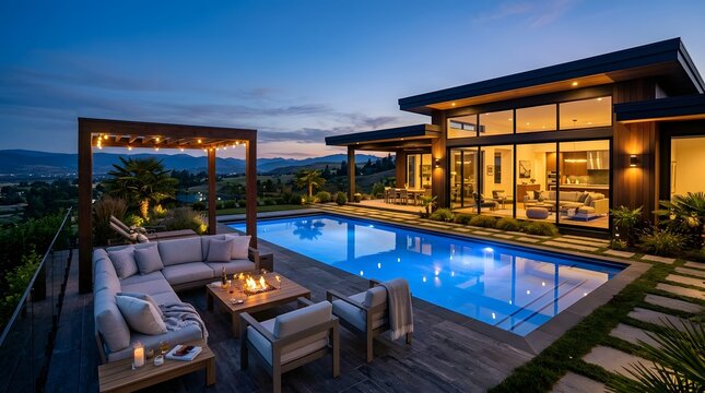 Luxury modern house with pool and fire pit at sunset