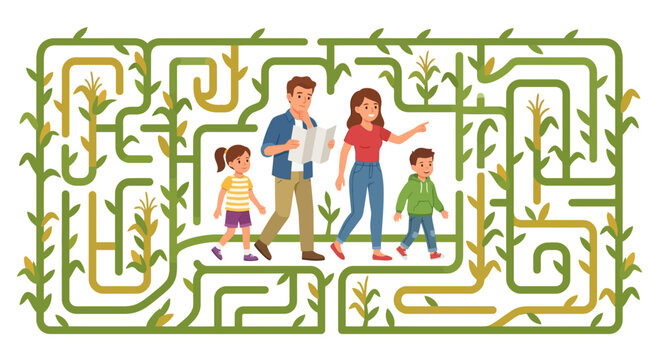 Happy family with children navigating a complex corn maze puzzle together flat vector element.