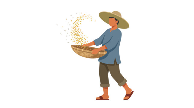 Traditional farmer in straw hat winnowing rice grains with woven tray during harvest flat vector element