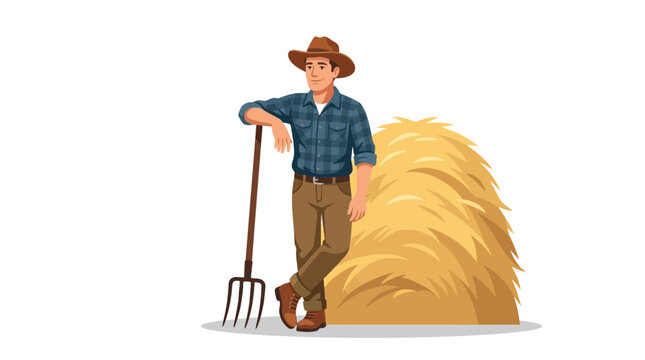 Proud male farmer leaning on a pitchfork beside a large haystack in rural countryside flat vector element.