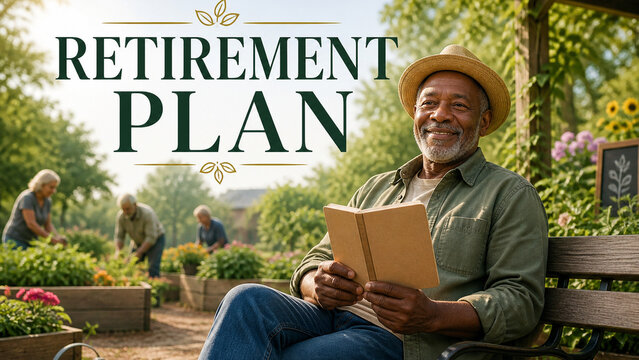 Smiling senior man reads a retirement plan booklet on a garden bench while older adults tend plants in a sunny community garden.