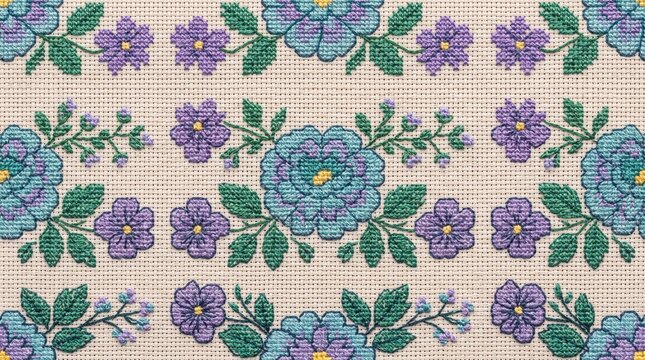 Floral cross stitch embroidery pattern with blue and purple flowers on fabric